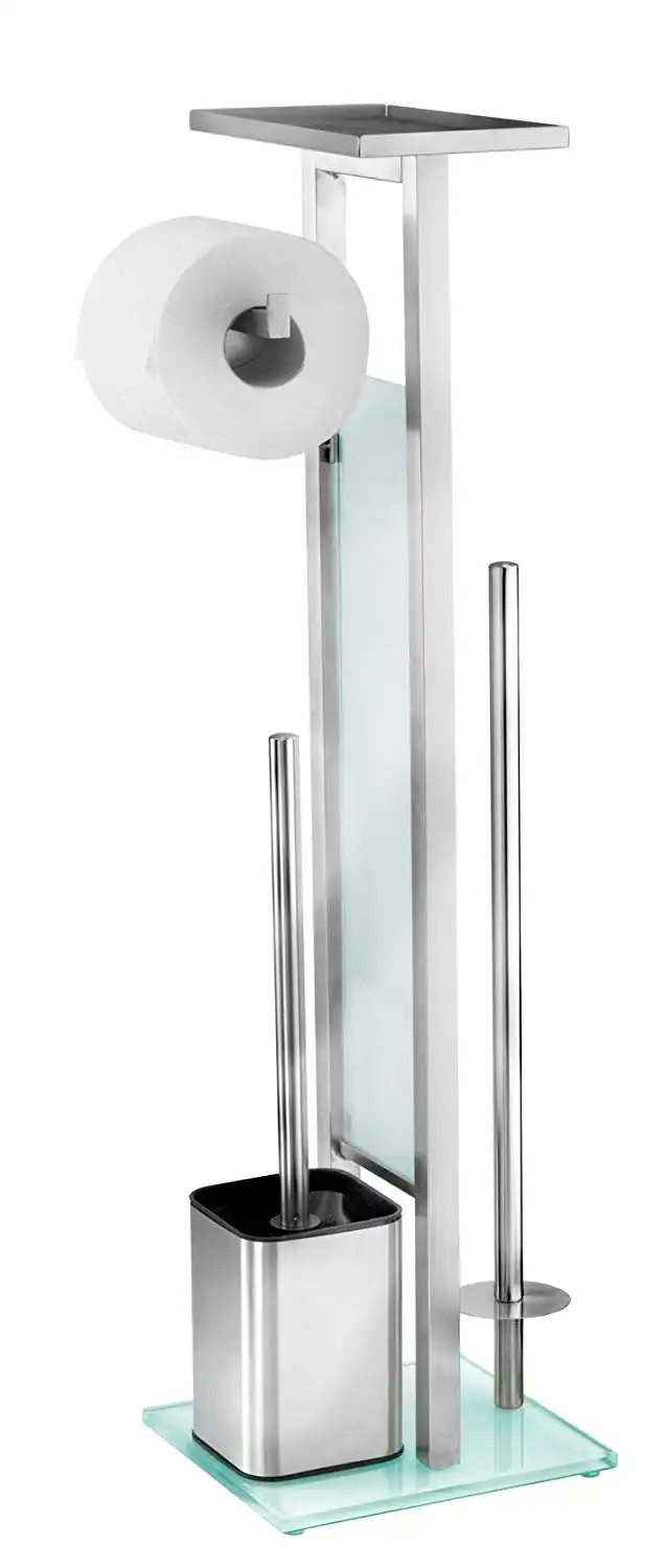 Piantana Portarotolo e Scopino Set Wc Bagno Con Mensola in Acciaio Inox