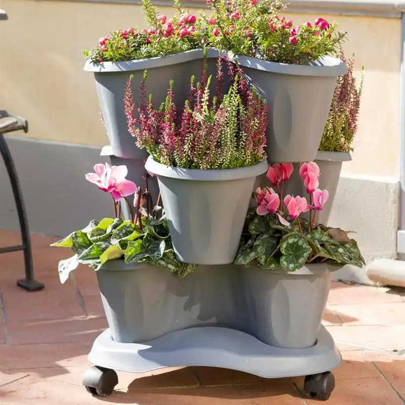 Set 3 Vasi Trifoglio Per Piante 6 Litri Con Sottovaso e Ruote Grigio Di Bama