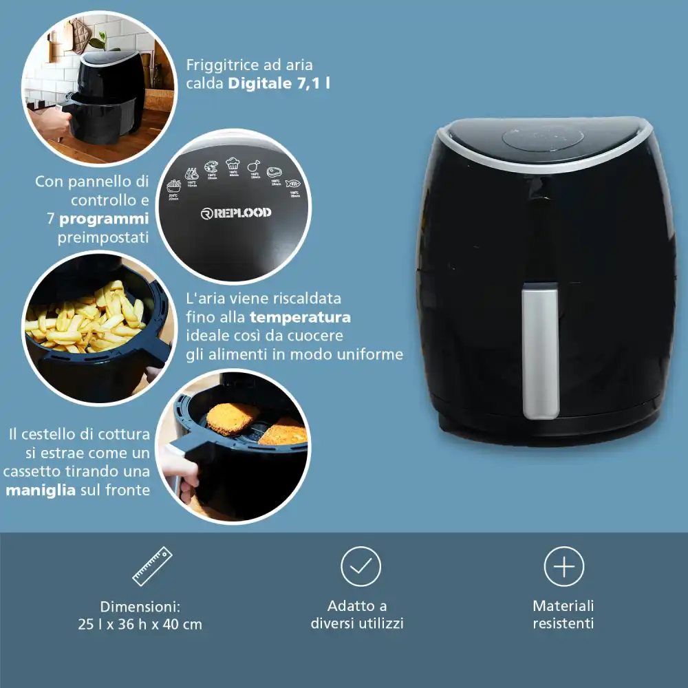Friggitrice ad Aria Calda Digitale Senza Olio Airfryer 7.1 Lt Frigge Cuoce 1700W