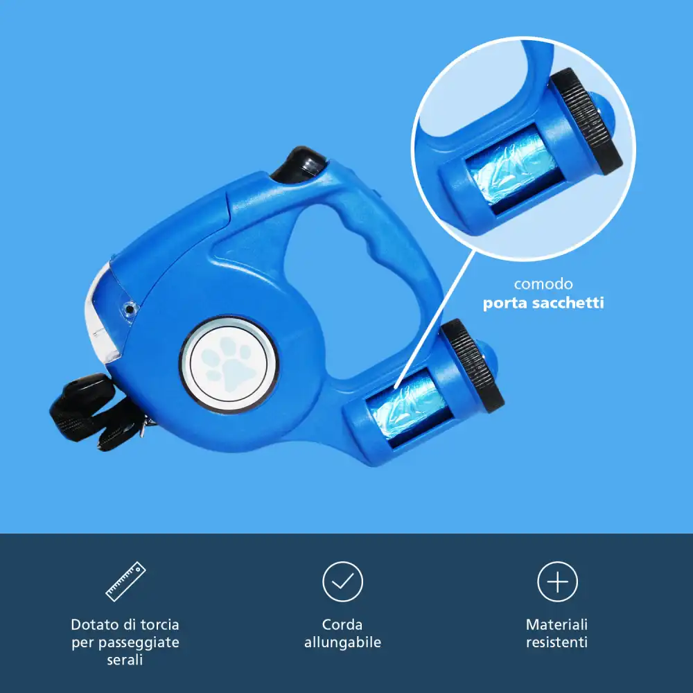 Guinzaglio Retrattile Con Torcia Led E Porta Sacchetti Per Cane Cani 4,6Mt Blu