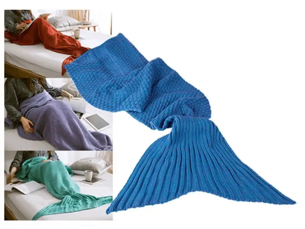 Coperta Plaid Soft A Forma Di Sirena Con Coda 140 x 70 Cm Blu Divano Spiaggia