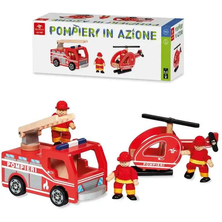 Gioco in Legno Camion Autopompa Elicottero dei Pompieri con Personaggi