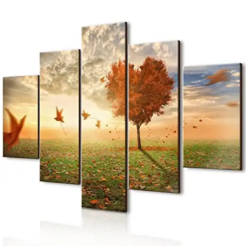 Vogue Quadro Su Legno 5 Pannelli Pezzi Foglie al Vento 66x115 CM