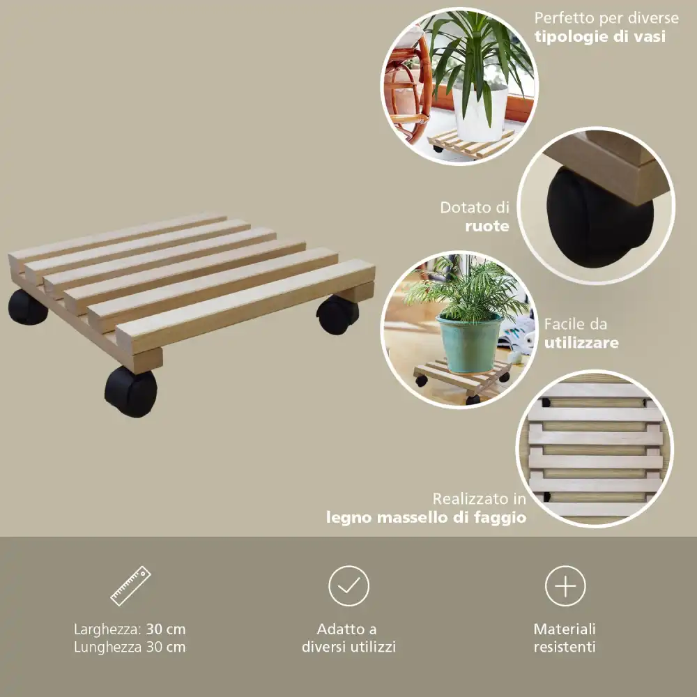 Carrello Quadrato Sottovaso in Legno Con 4 Ruote Per Fioriera Pedana 30 x 30 Cm