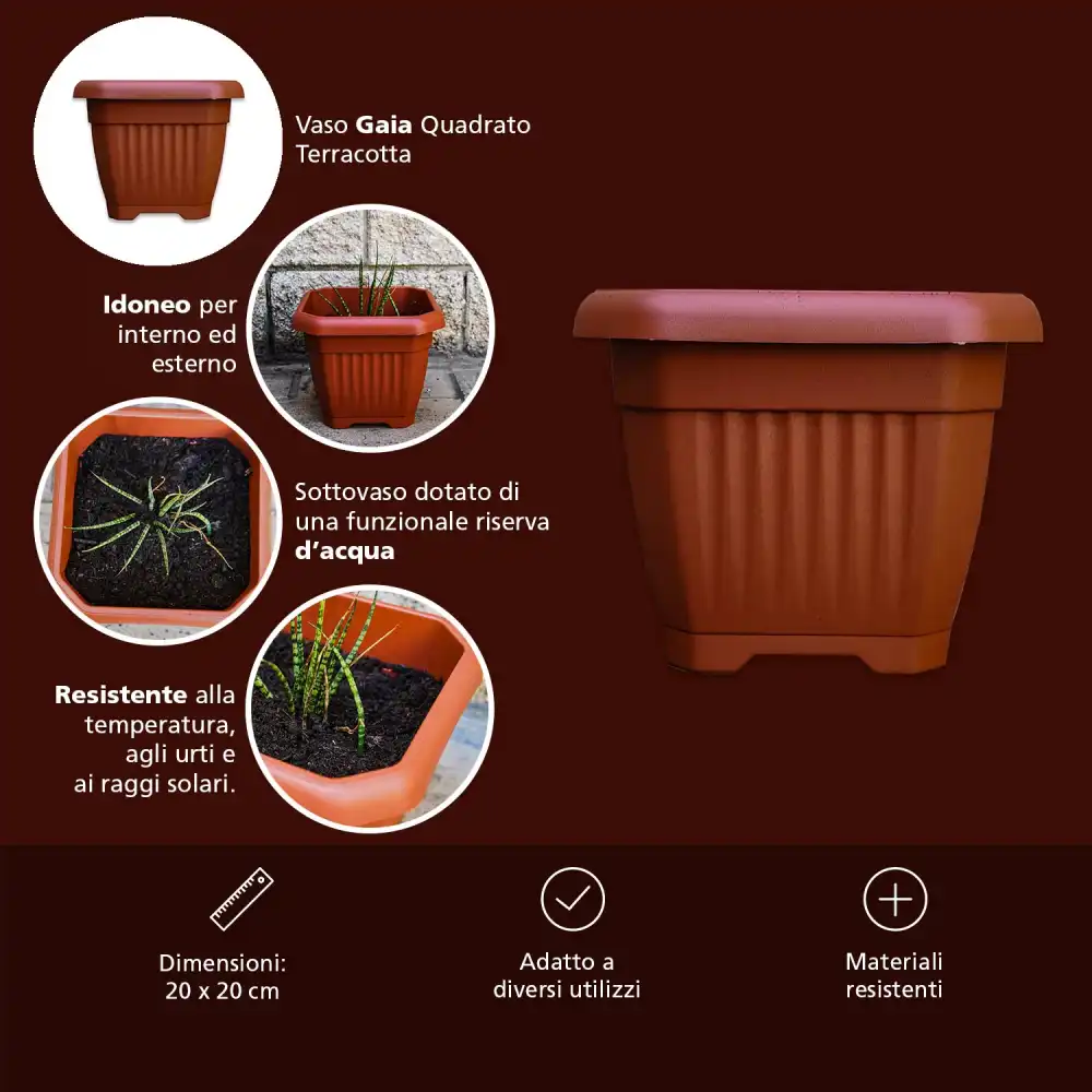 Vaso Gaia Quadrato 20x20cm Colore Terracotta Con Sottovaso Self Waterer