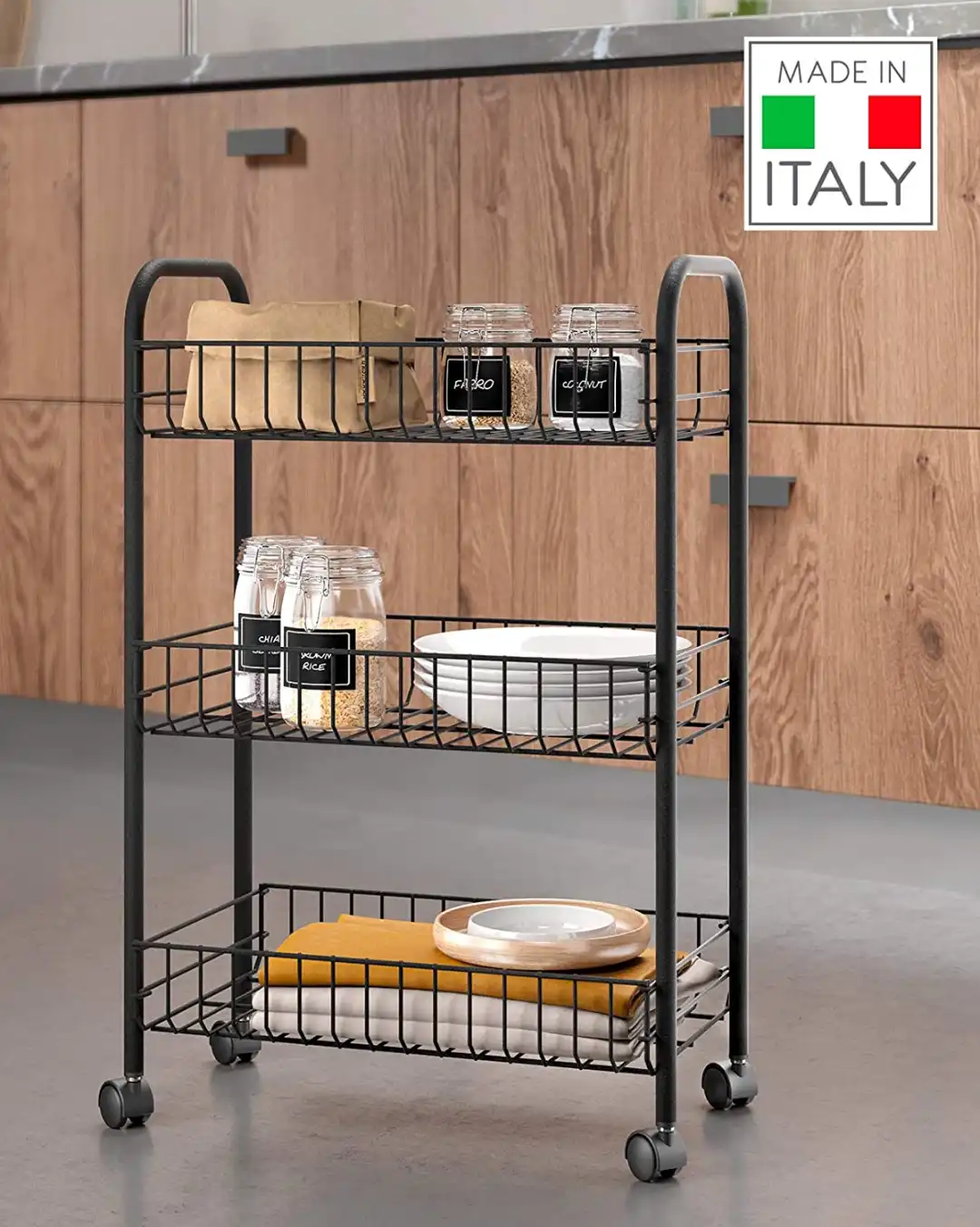 Carrello salvaspazio carrellino scaffale cucina bagno ripostiglio 3 ripiani nero