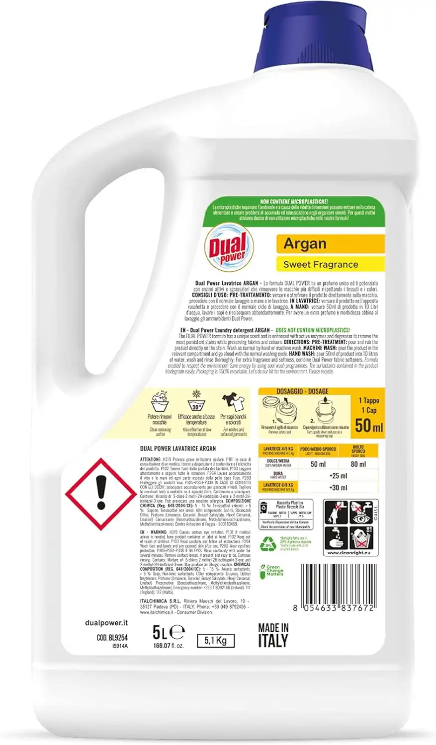 Dual Power Professional Detergente Liquido Lavatrice Argan 5L – Profumo Intenso