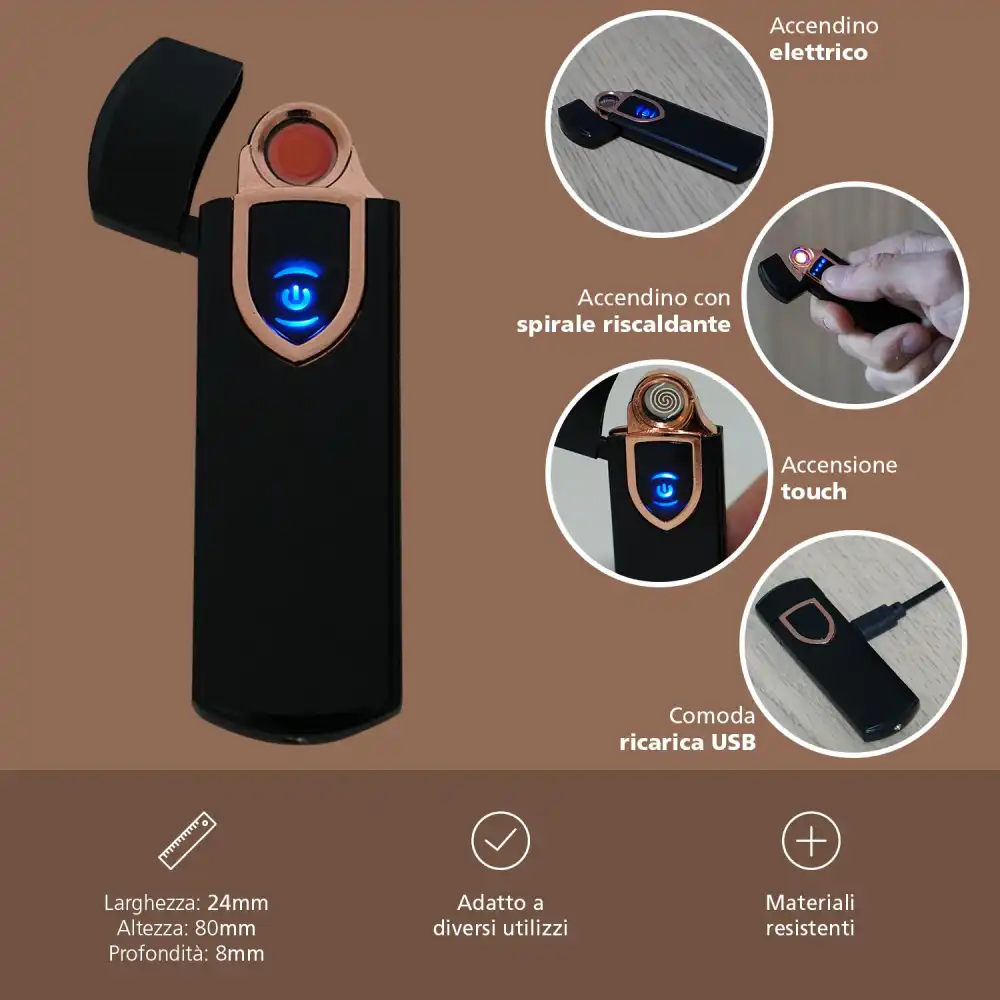 Accendino Elettrico Touch USB Ricaricabile Antivento Modello Indiana Black
