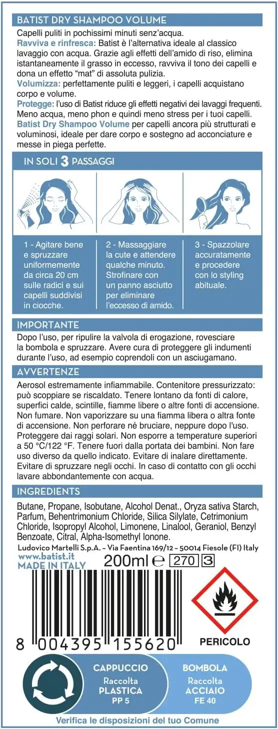 Batist Shampoo Secco Volume, per capelli voluminosi e strutturati in 3 min, 200 ml