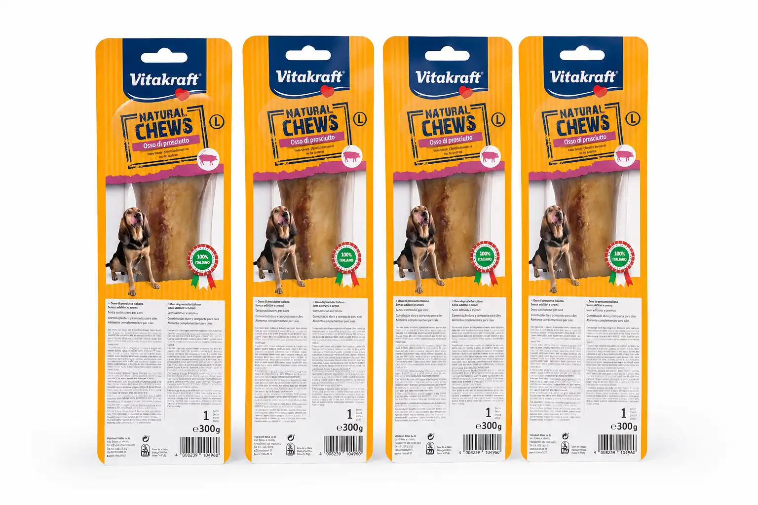 4 Pezzi Vitakraft Osso Di Prosciutto Italiano Per Cani Natural Chews 300G 1200Gr
