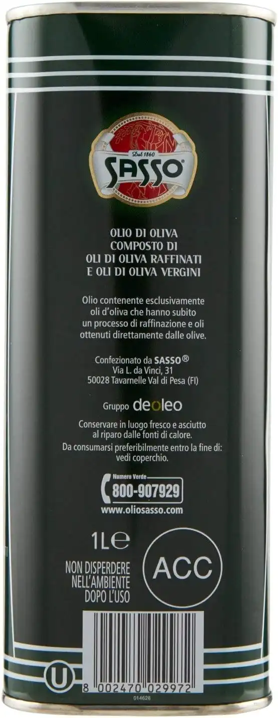 Olio di Oliva Sasso Carapelli 1L Latta – Olio Raffinato e Vergine Italiano