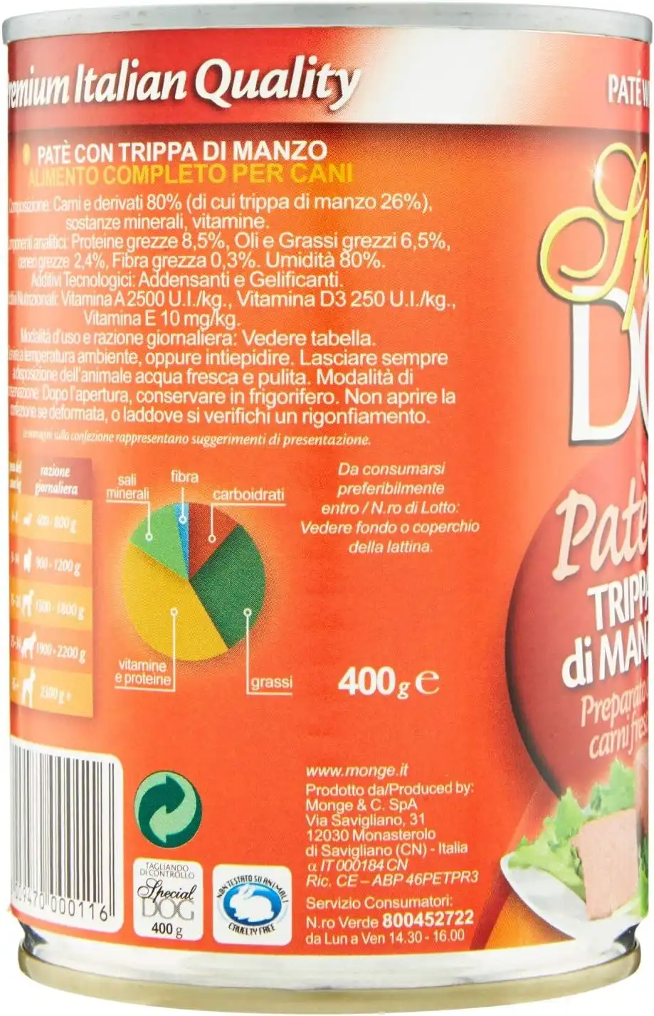 24 Monge Special Dog Paté Trippa di Manzo 400g Cibo Umido per Cani Premium