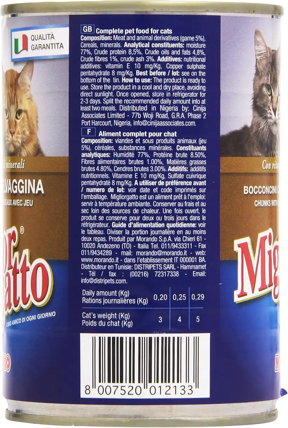 24 Lattine Migliorgatto Bocconcini Selvaggina 405g Cibo Umido per Gatti