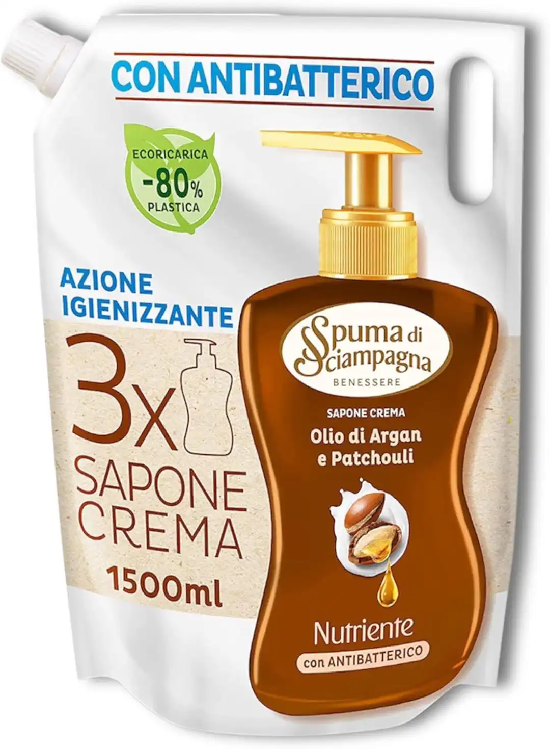 3x Spuma di Sciampagna Sapone Liquido Argan 1,5L – Ecoformato Ricarica