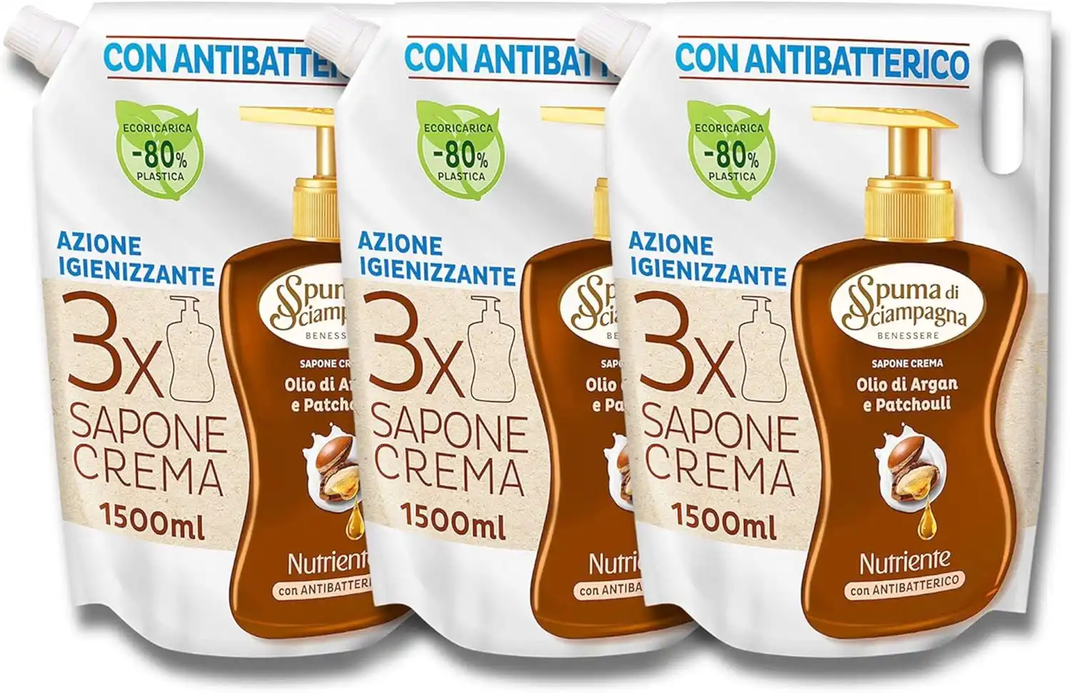 3x Spuma di Sciampagna Sapone Liquido Argan 1,5L – Ecoformato Ricarica