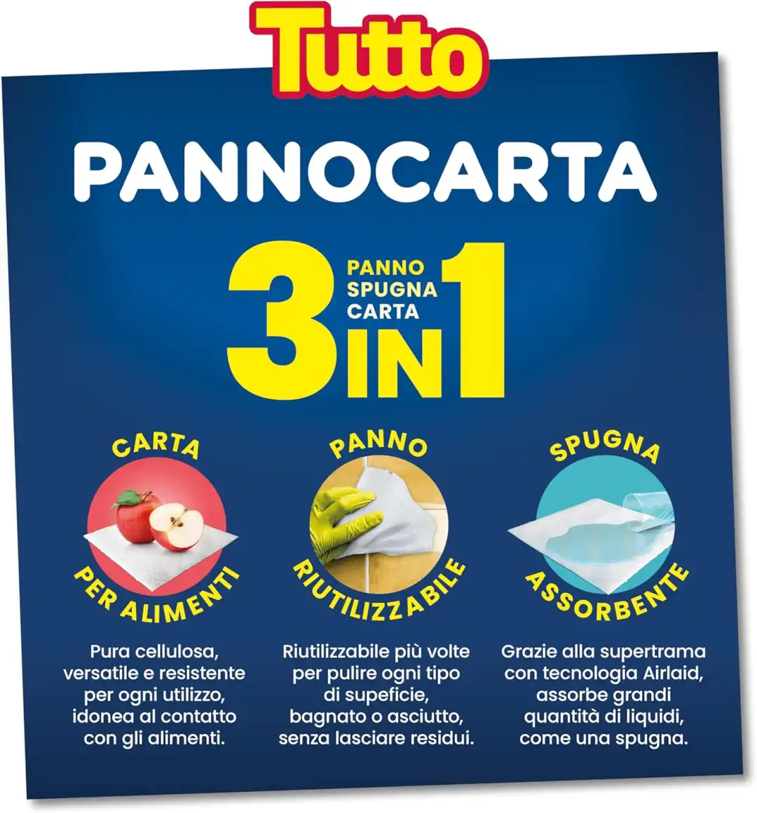 Tutto Pannocarta 3 in 1 - 20 Rotoli di Carta Multiuso 1 Velo - 48* Strappi