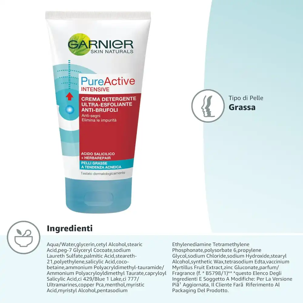 Garnier Pure Active Crema Detergente Ultra-Esfoliante Anti-Brufoli, 150 ml