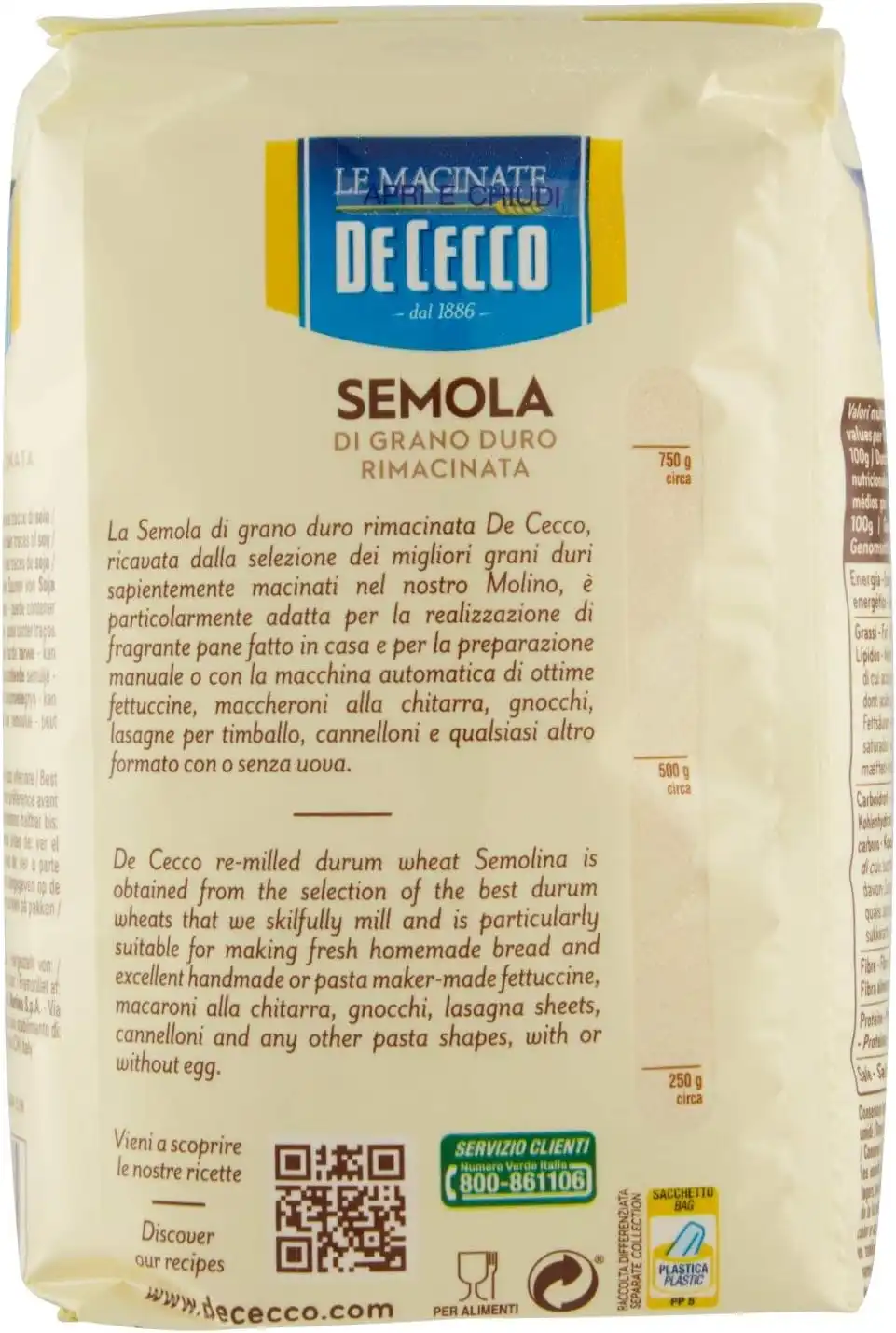De Cecco Semola di Grano Duro Rimacinata - Confezione da 5 Kg (5x1 Kg)