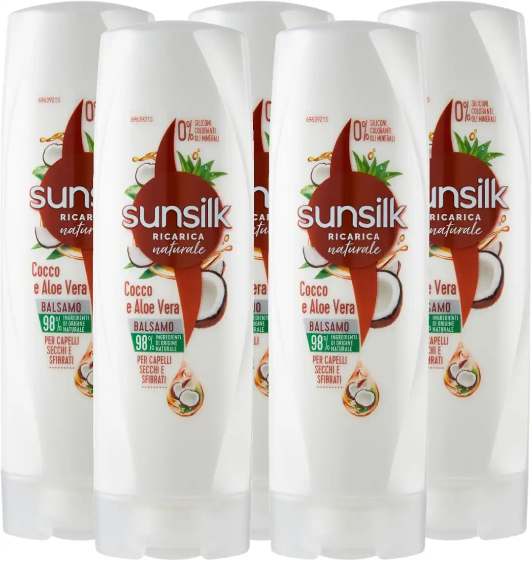 5x Sunsilk Balsamo Cocco Aloe Vera Capelli Secchi Sfibrati 200ml Ricarica Naturale