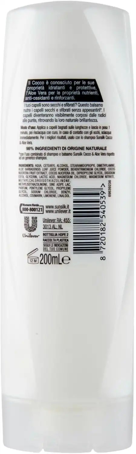 5x Sunsilk Balsamo Cocco Aloe Vera Capelli Secchi Sfibrati 200ml Ricarica Naturale