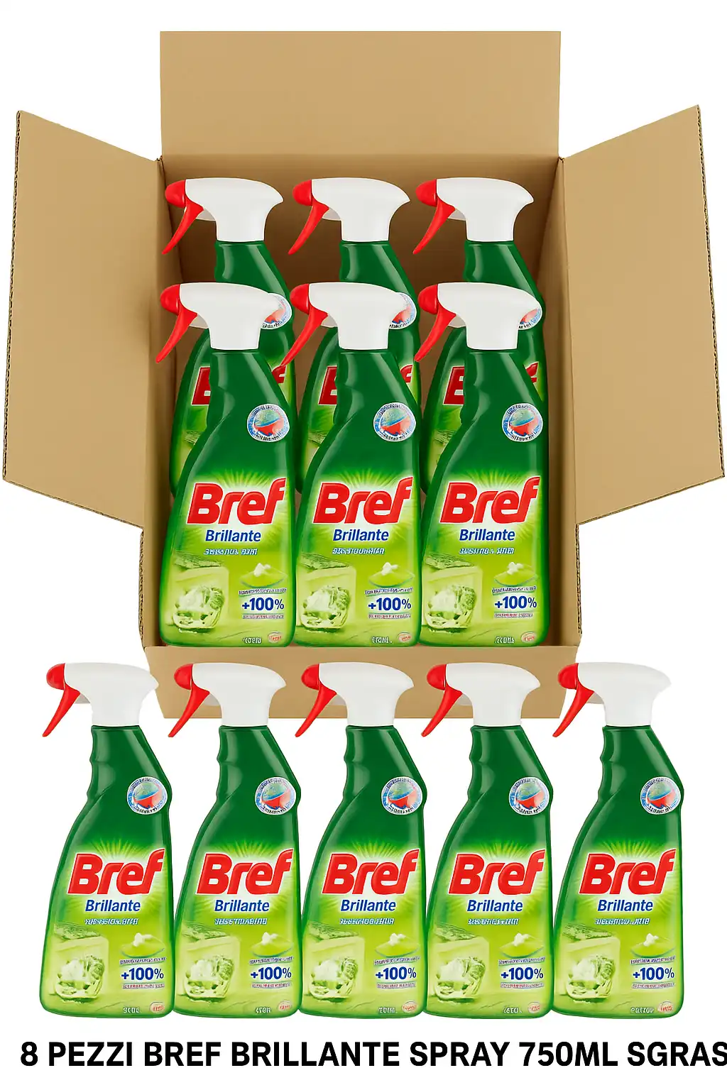 8X Bref Brillante Spray Sgrassatore 750ml Rimuove Grasso Ostinato Cucina