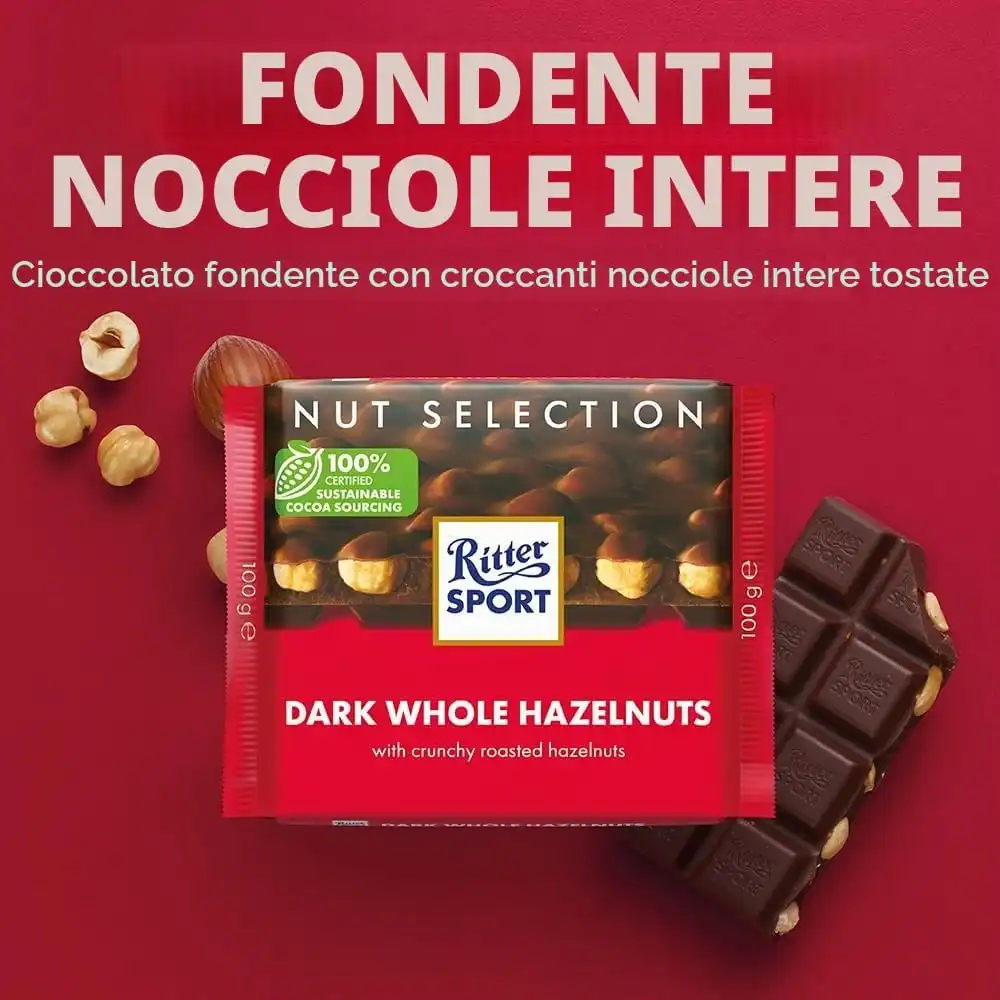 10 Ritter Sport Fondente Nocciole Intere 100Gr Cioccolato Cacao Tavoletta Pack