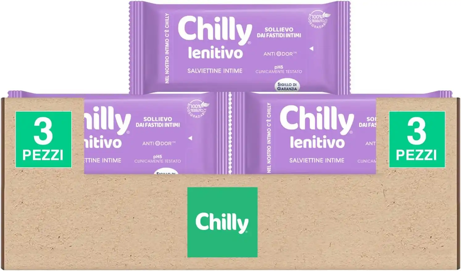3x Chilly Lenitivo Salviette Intime pH5 36pz – Biodegradabili Anti-Odore