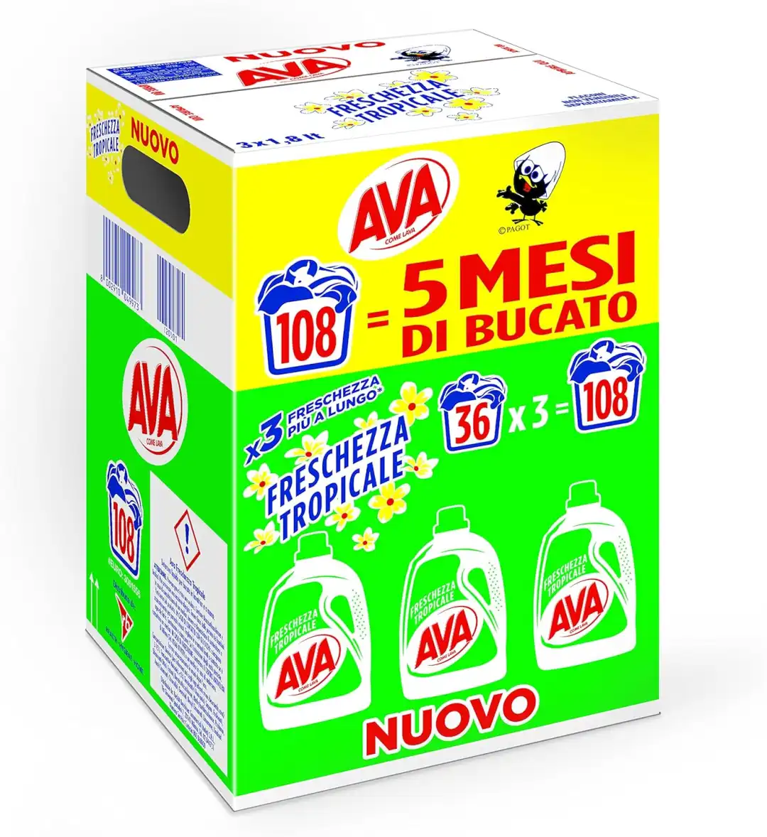 Ava Detersivo Lavatrice Liquido Freschezza Tropicale, 108 Lavaggi, 3 Flaconi