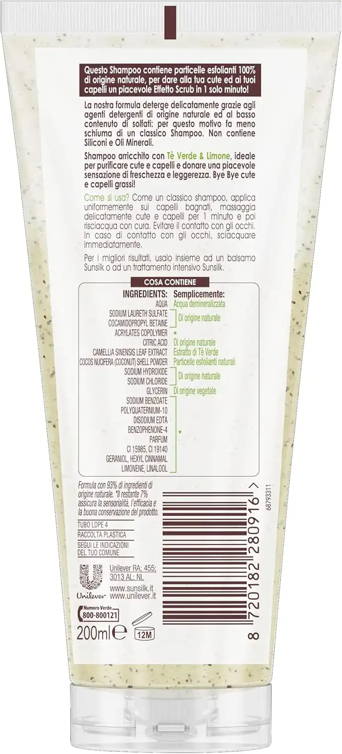 Sunsilk Shampoo Detox Scrub Tè Verde Limone 6x200ml Cute Grassa Capelli