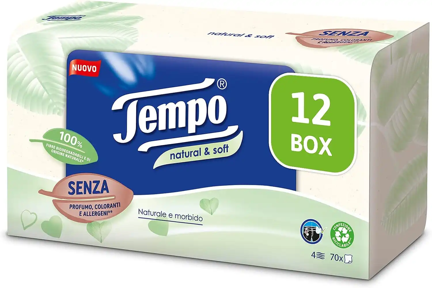 12x Tempo Fazzoletti Pacchetti Di Carta Natural & Soft, 4 Veli 12x70 Veline