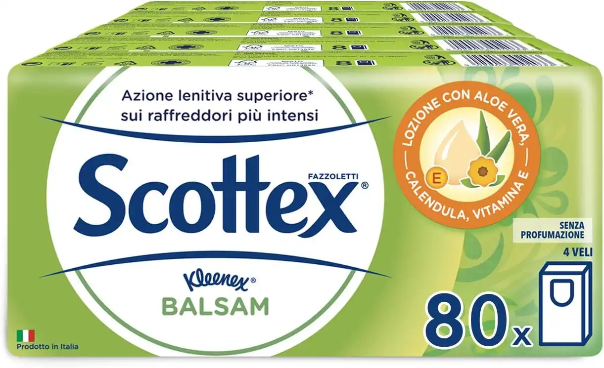 Scottex Balsam Fazzoletti di Carta, Prodotto in Italia, Certificato, 80 Pz 10x8