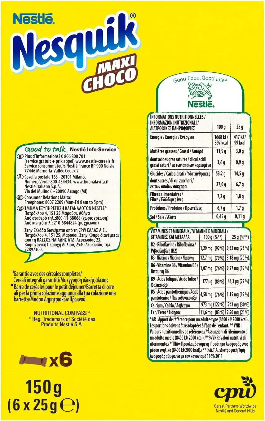 16x Nestlé Nesquik Barrette Maxi Choco 25g x6 Barre Cerealose al Cioccolato