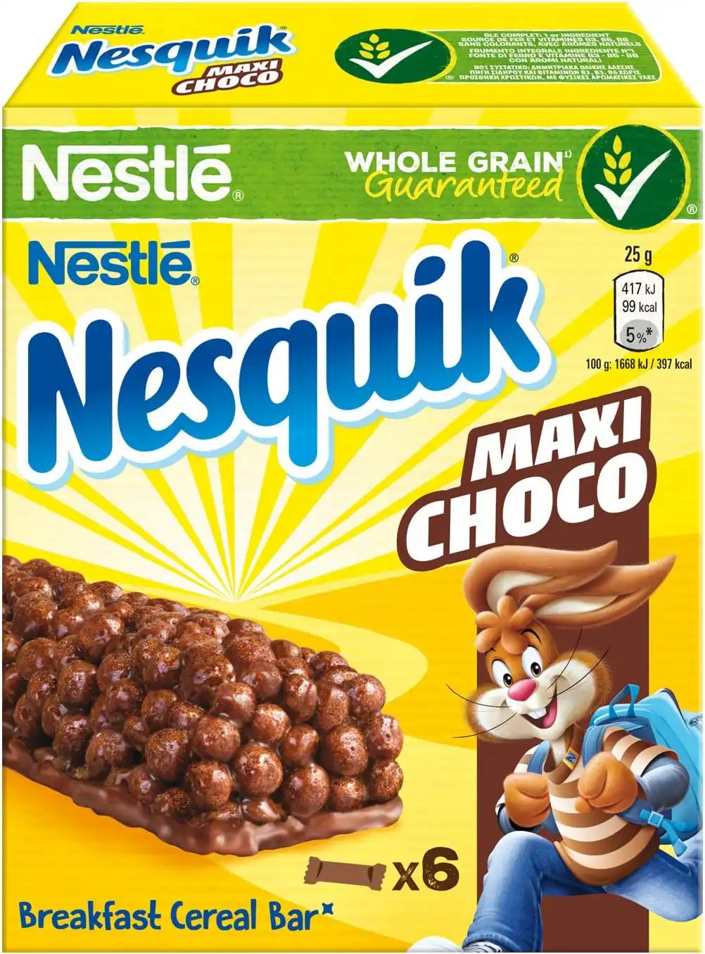 16x Nestlé Nesquik Barrette Maxi Choco 25g x6 Barre Cerealose al Cioccolato