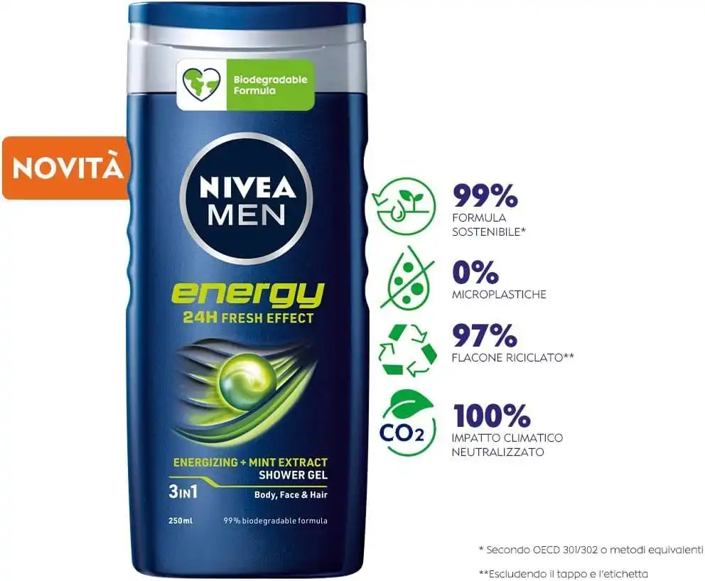 Nivea Men Energy Doccia Shampoo 6X250Ml Corpo Viso Capelli Menta 6 Pezzi Kit Box