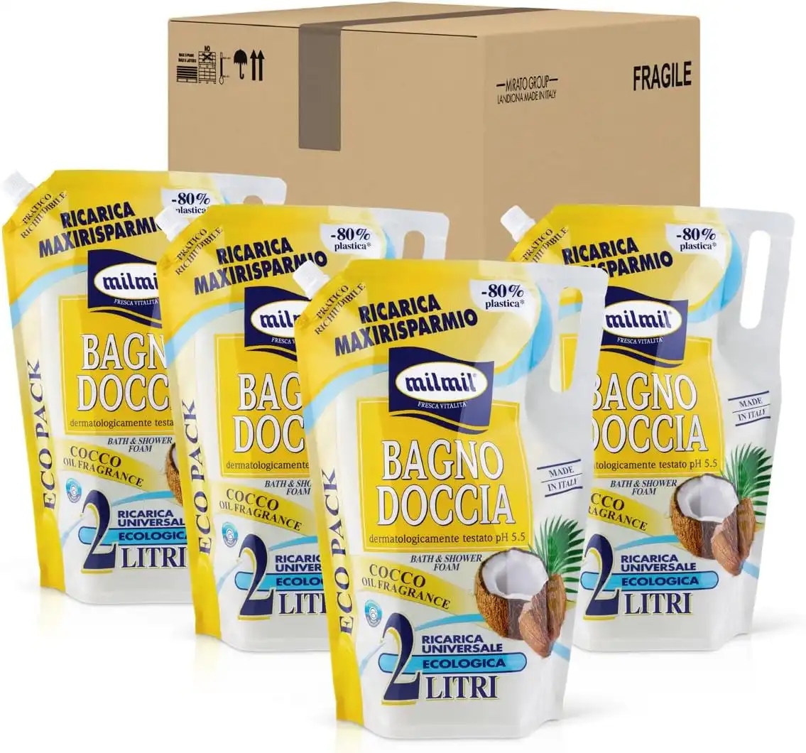 4x Milmil Bagno Doccia Cocco Oil Ricarica Maxi 2000ml Detergente Profumato