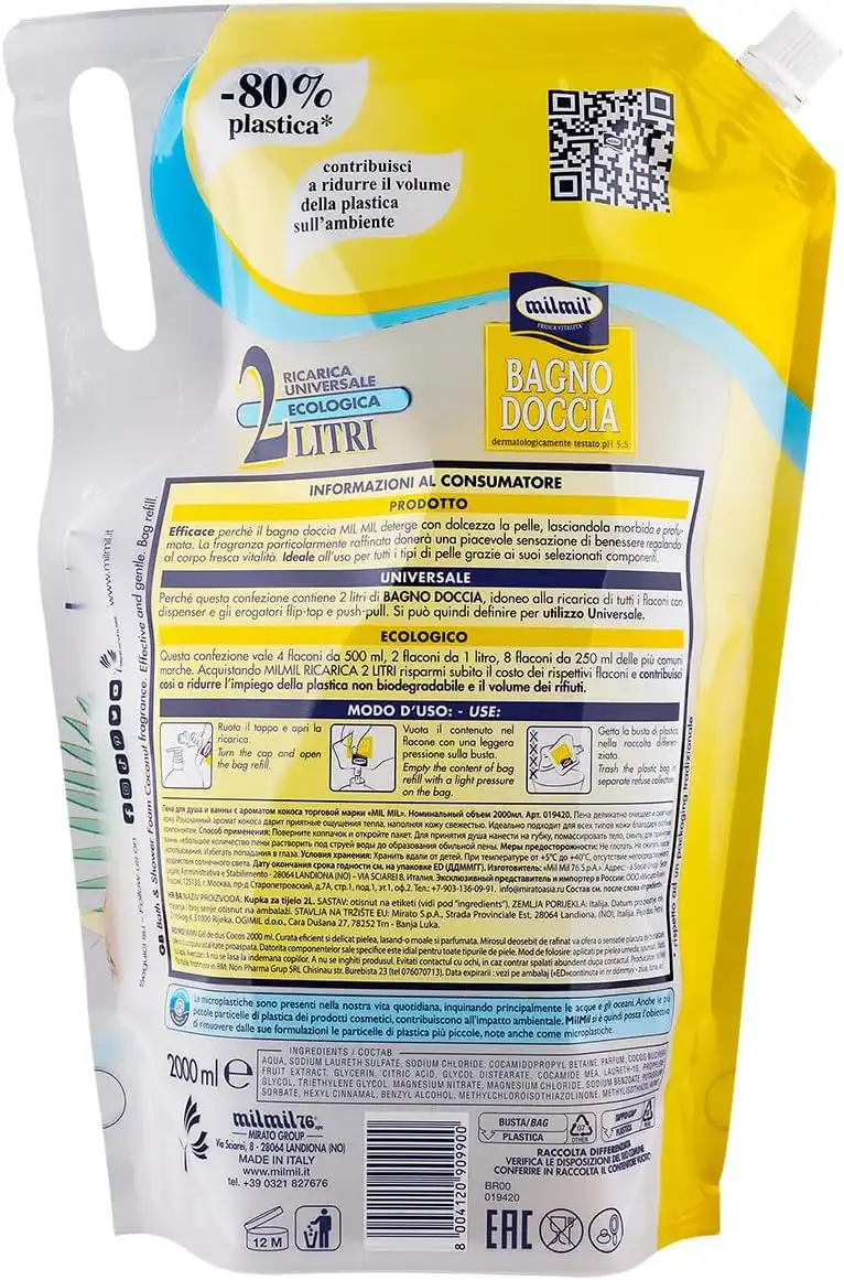 4x Milmil Bagno Doccia Cocco Oil Ricarica Maxi 2000ml Detergente Profumato