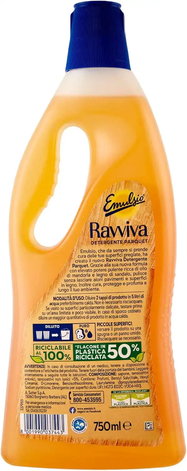 Emulsio Ravviva Parquet, 6 Flaconi da 750ml, Pulizia e Protezione per Legno