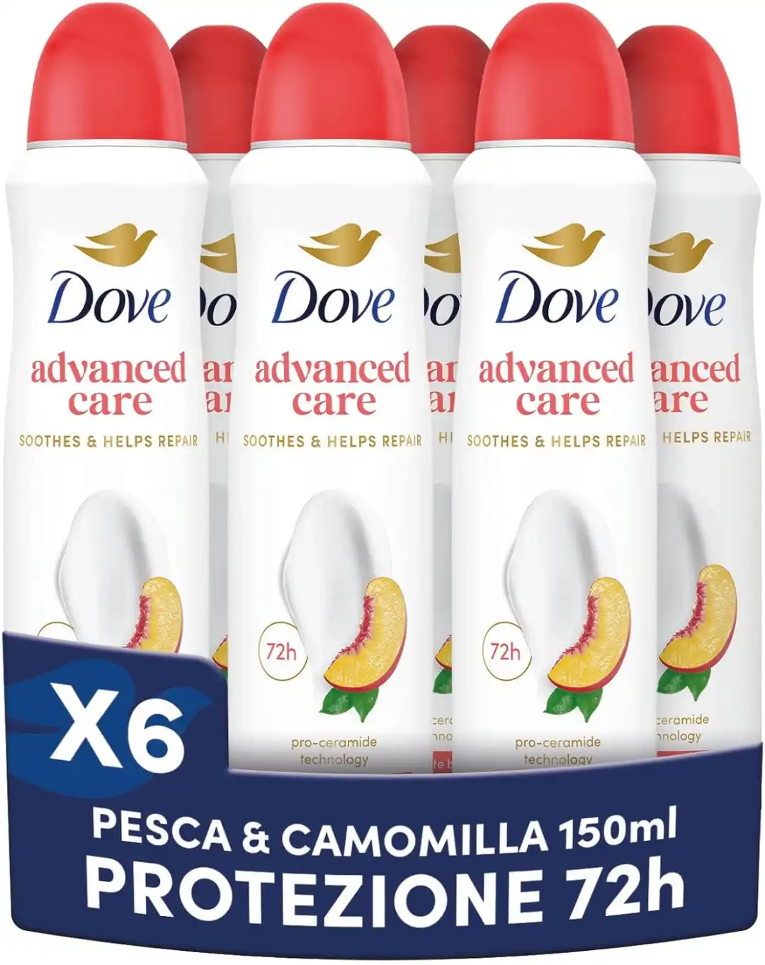 6 x Dove Advanced Care Spray Pesca 150ml Deodorante 72h Senza Alcol Uomo e Donna