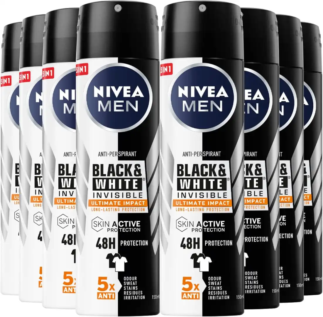 Nivea Men Black&White Invisible Ultimate Impact 8X150Ml Deo Spray Uomo 48H Extra