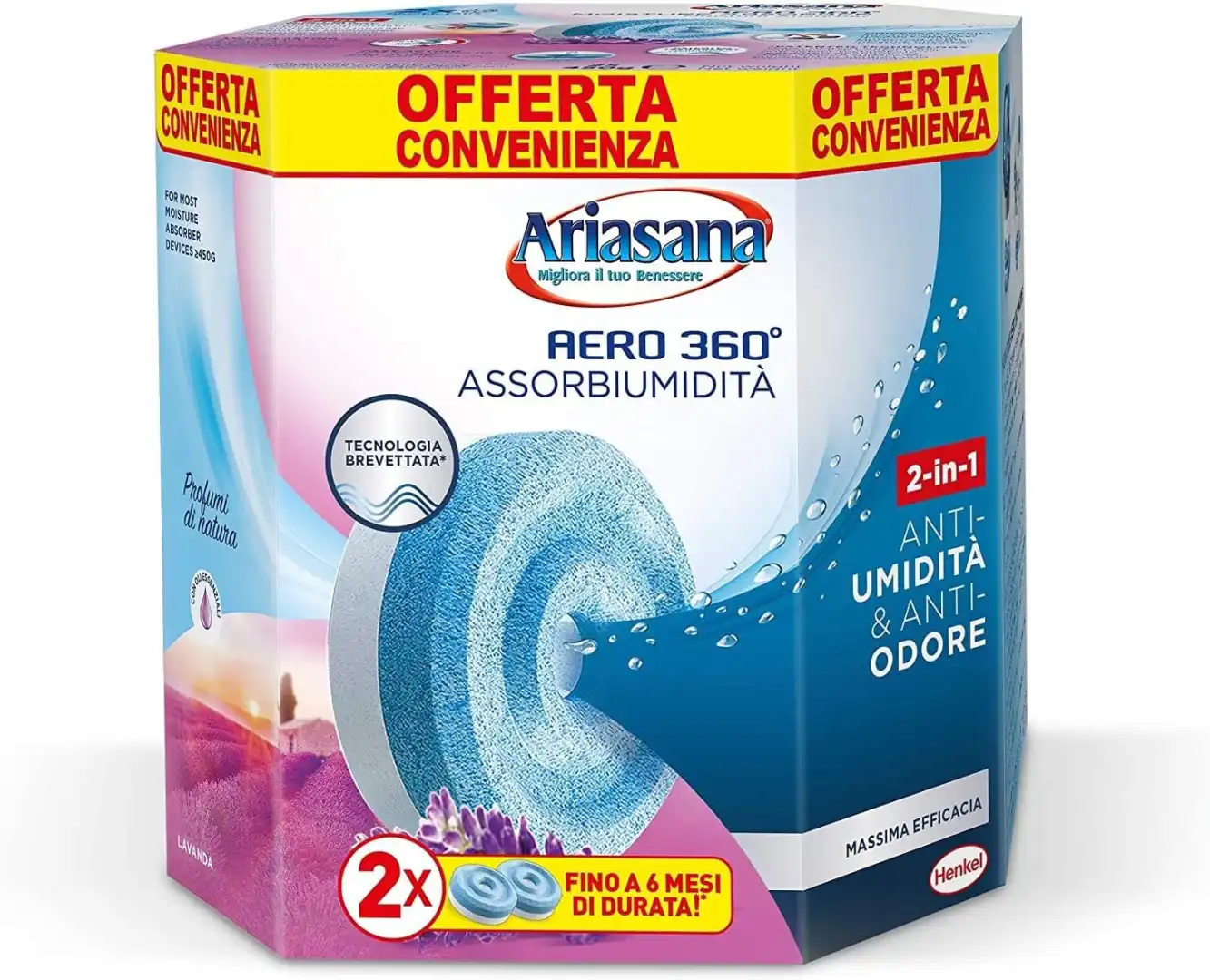 Ariasana Aero 360° Ricarica Tab Lavanda 2x450g – Anti Umidità e Anti Odore
