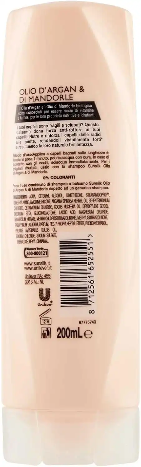 5x Sunsilk Balsamo Ricarica Naturale Argan Mandorle Capelli Fragili 200ml 1Litro