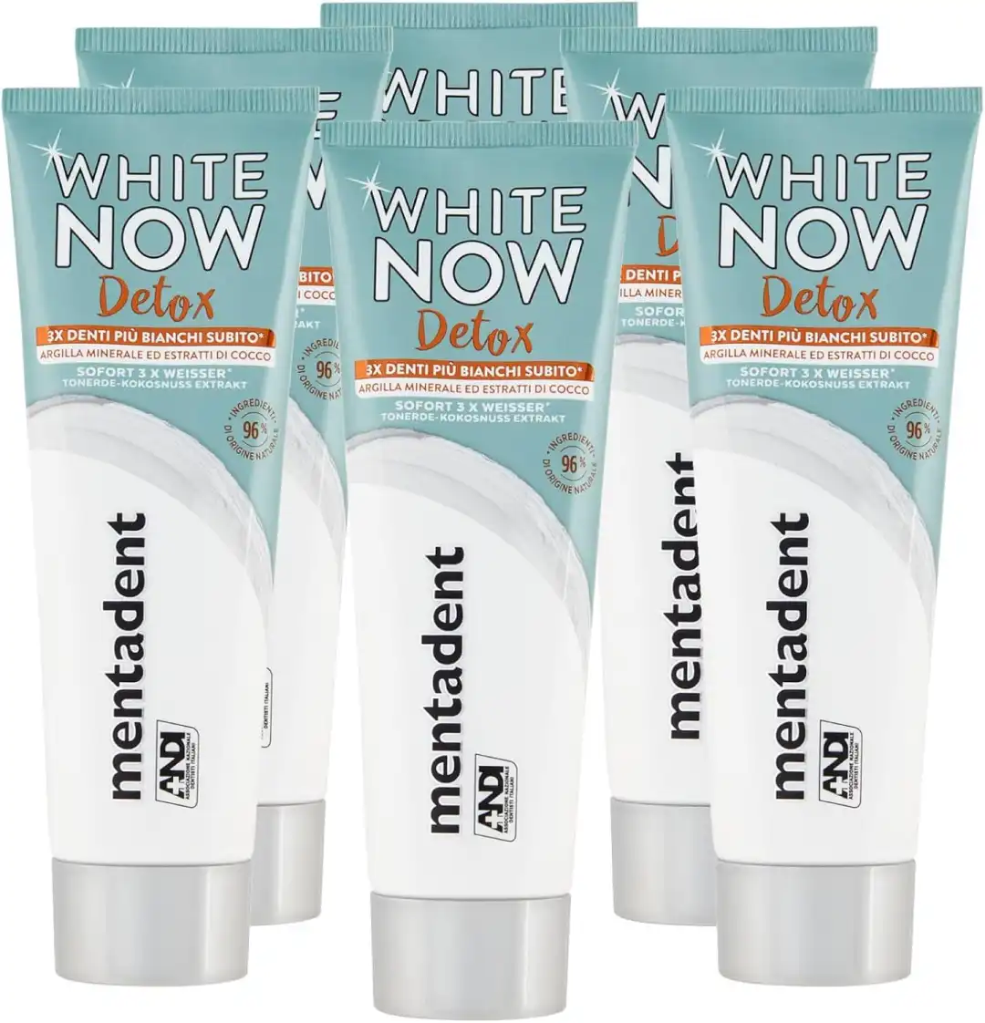6x Mentadent White Now Detox 75ml – Dentifricio Sbiancante con Argilla e Cocco