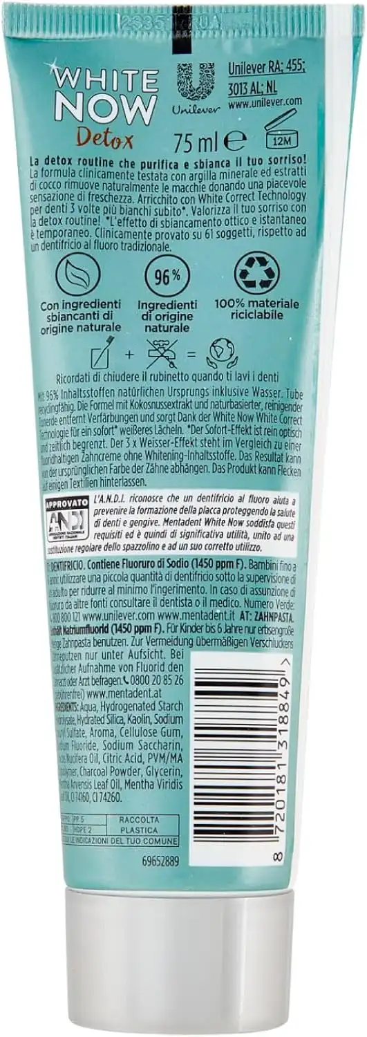 6x Mentadent White Now Detox 75ml – Dentifricio Sbiancante con Argilla e Cocco
