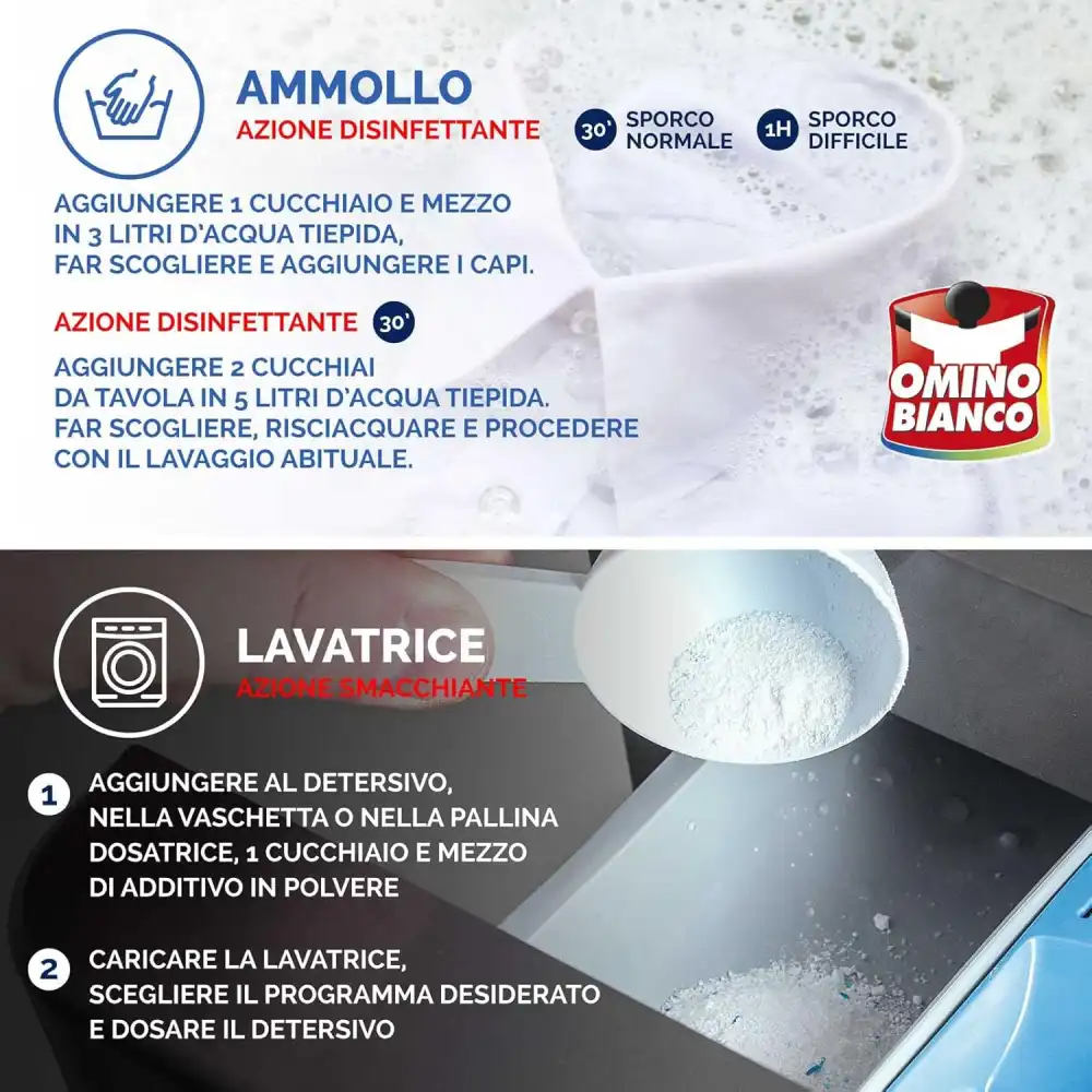 Omino Bianco Additivo Disinfettante Polvere, Smacchia e Elimina Odori, 450g x3