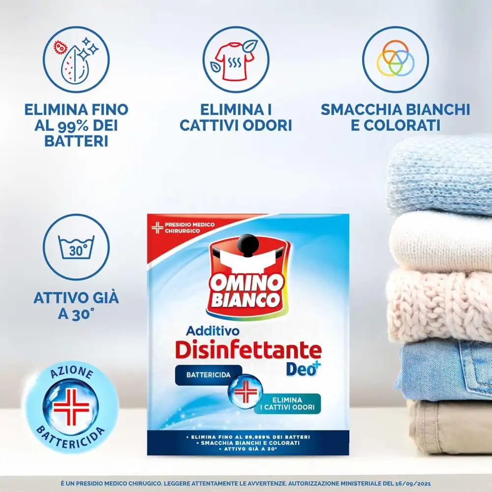 Omino Bianco Additivo Disinfettante Polvere, Smacchia e Elimina Odori, 450g x3