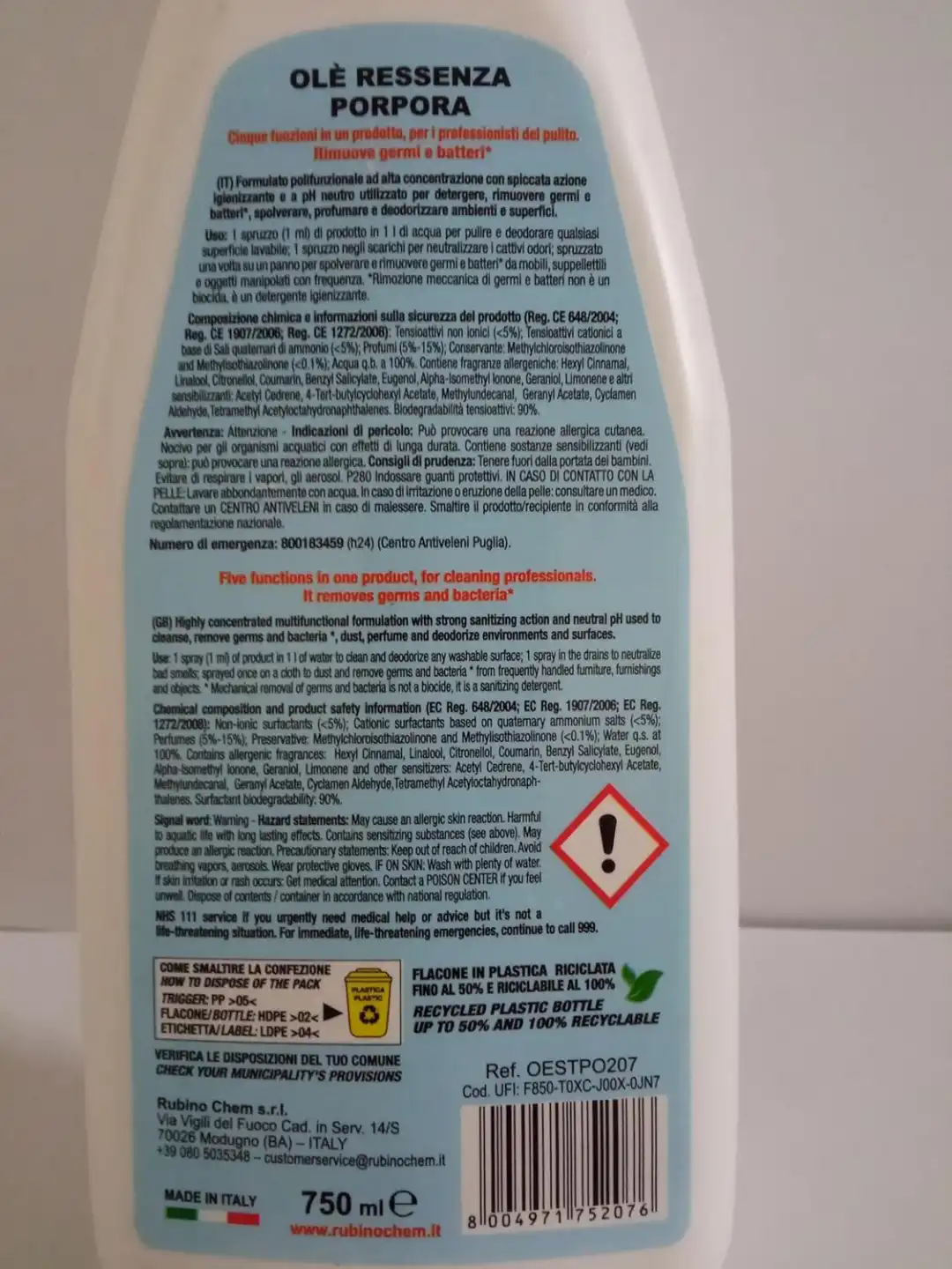 Olè Essenza Porpora Spray 750ml – Igienizzante, Profumante e Antistatico