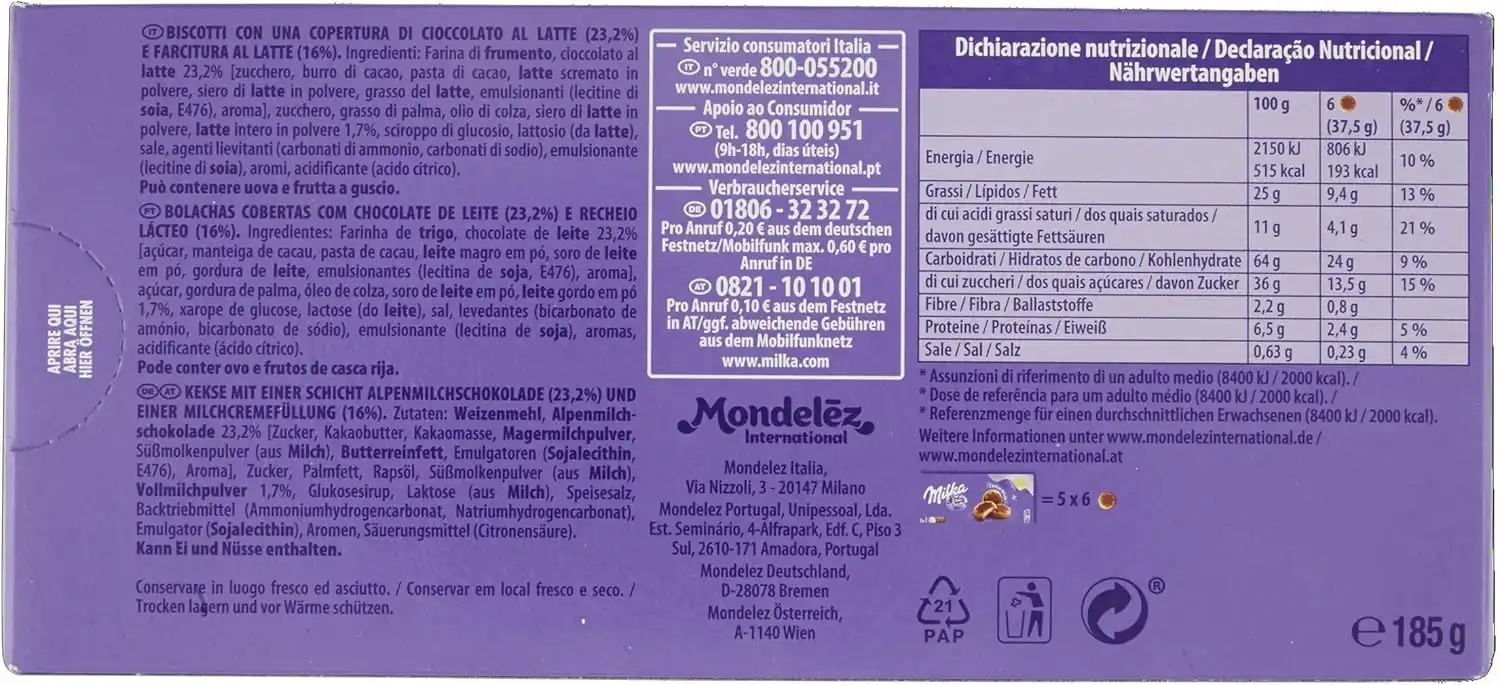 16x Milka Choco Minis 185g Biscotti Ripieni Latte Ricoperti Cioccolato Multipack