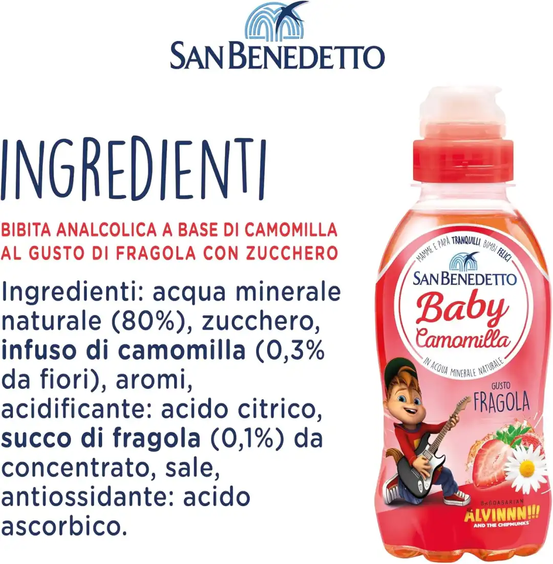 24x San Benedetto Baby Camomilla Fragola 250ml – Tappo Pull&Push Antisoffoco