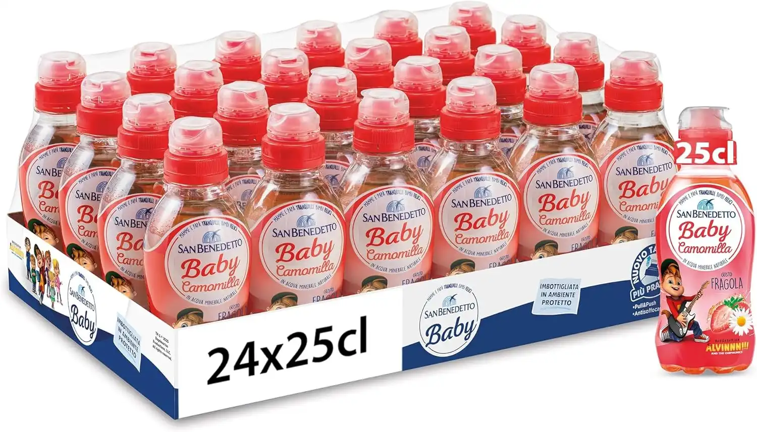 24x San Benedetto Baby Camomilla Fragola 250ml – Tappo Pull&Push Antisoffoco