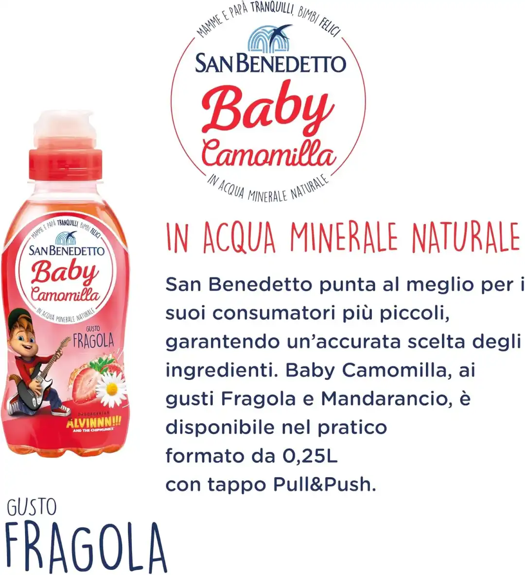 24x San Benedetto Baby Camomilla Fragola 250ml – Tappo Pull&Push Antisoffoco
